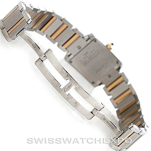 The image shows the back and clasp of the Cartier Tank Francaise W51007Q4 Women's Steel and Gold (two tone) Silver Dial W51007Q4 Women's Steel and Gold (two tone) Silver Dial watch, emphasizing the bracelet and deployment clasp.