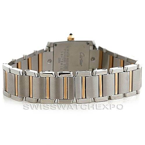 This image shows the back view of a Cartier Tank Francaise W51007Q4 Women's Steel and Gold (two tone) Silver Dial W51007Q4 Women's Steel and Gold (two tone) Silver Dial watch, highlighting the two-tone stainless steel and gold bracelet.