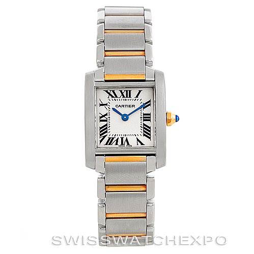 The image shows a front view of a Cartier Tank Francaise W51007Q4 Women's Steel and Gold (two tone) Silver Dial W51007Q4 Women's Steel and Gold (two tone) Silver Dial watch, displaying its face, bracelet, and crown.