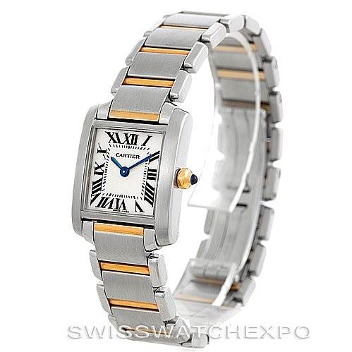 This image shows a Cartier Tank Francaise W51007Q4 Women's Steel and Gold (two tone) Silver Dial W51007Q4 Women's Steel and Gold (two tone) Silver Dial watch at a three-quarter angle, displaying the face, bracelet, and crown.