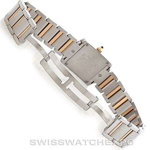 The image shows the back view of a Cartier Tank Francaise W51007Q4 Women's Steel and Gold (two tone) Silver Dial W51007Q4 Women's Steel and Gold (two tone) Silver Dial watch, highlighting the two-tone bracelet and deployant clasp.