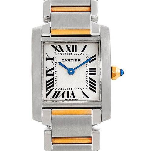 This image shows a front view of a Cartier Tank Française watch, highlighting its rectangular face, Roman numerals, and steel and gold bracelet.