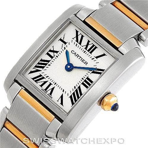 The image shows a close-up angle of the Cartier Tank Francaise W51007Q4 Women's Steel and Gold (two tone) Silver Dial W51007Q4 Women's Steel and Gold (two tone) Silver Dial model watch, highlighting the dial, bezel, and part of the bracelet.
