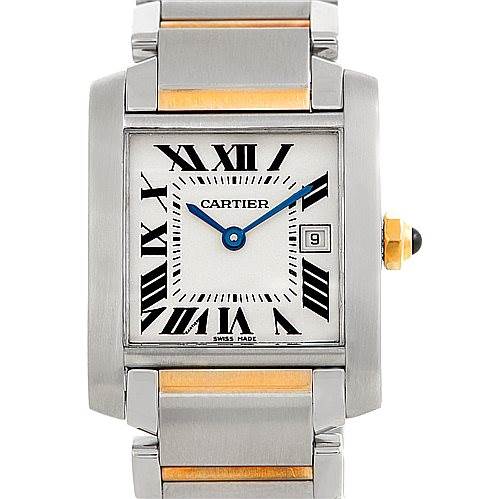 This image shows a frontal view of the Cartier Tank Francaise W51012Q4 Women's Steel and Gold (two tone) Silver Dial W51012Q4 Women's Steel and Gold (two tone) Silver Dial watch, highlighting its face, dial, and metal bracelet.