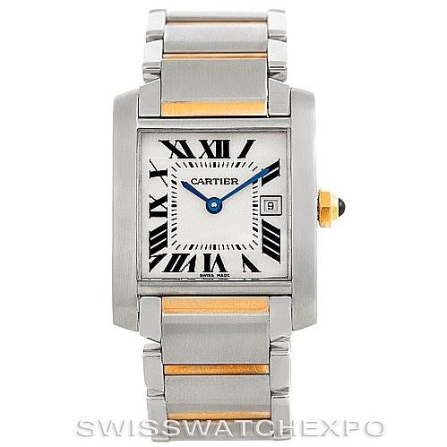 The image shows a front view of a Cartier Tank Francaise W51012Q4 Women's Steel and Gold (two tone) Silver Dial W51012Q4 Women's Steel and Gold (two tone) Silver Dial watch, featuring a stainless steel and gold bracelet, Roman numerals, and a date window.