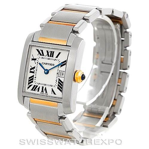 The image shows an angled view of a Cartier Tank Francaise W51012Q4 Women's Steel and Gold (two tone) Silver Dial W51012Q4 Women's Steel and Gold (two tone) Silver Dial watch, highlighting its face, case, and metal bracelet.