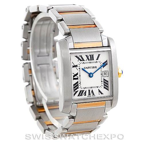 This image shows a Cartier Tank Francaise W51012Q4 Women's Steel and Gold (two tone) Silver Dial W51012Q4 Women's Steel and Gold (two tone) Silver Dial watch at a slight angle, highlighting its rectangular face, bracelet, and Roman numeral dial.