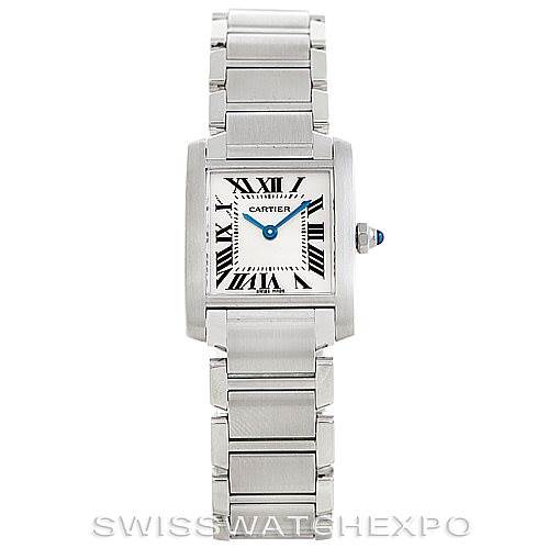 The image shows a front view of the Cartier Tank Francaise W51008Q3 Women's Stainless Steel Silver Dial W51008Q3 Women's Stainless Steel Silver Dial watch, displaying its square dial, bracelet, and crown with a blue cabochon.