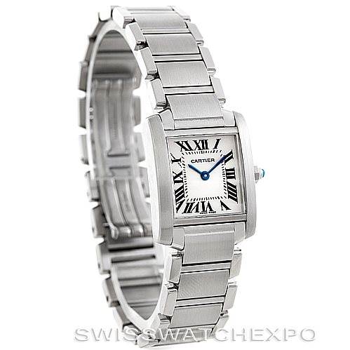 The image shows a Cartier Tank Francaise W51008Q3 Women's Stainless Steel Silver Dial W51008Q3 Women's Stainless Steel Silver Dial watch at a three-quarter angle, highlighting its rectangular face and metal bracelet.