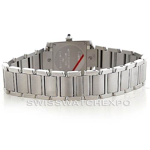 The image shows the back and bracelet of a Cartier Tank Francaise W51008Q3 Women's Stainless Steel Silver Dial W51008Q3 Women's Stainless Steel Silver Dial watch from a low rear angle.