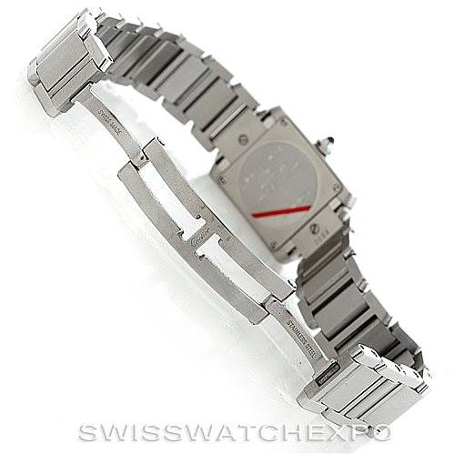 The image shows the metal bracelet and clasp underside of a Cartier Tank Française watch, including the case back.
