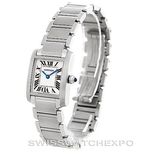 This image shows a Cartier Tank Française watch angled to display its face, bracelet, and side profile with the crown visible.