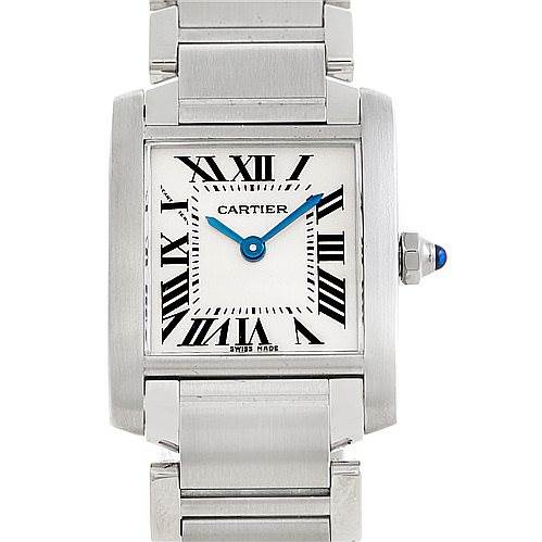The image shows a Cartier Tank Francaise W51008Q3 Women's Stainless Steel Silver Dial W51008Q3 Women's Stainless Steel Silver Dial watch from a front angle, highlighting its face, blue hands, and stainless steel bracelet.