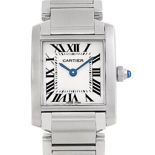 The image shows a frontal view of the Cartier Tank Francaise W51008Q3 Women's Stainless Steel Silver Dial W51008Q3 Women's Stainless Steel Silver Dial watch, highlighting its rectangular face, Roman numerals, and stainless steel bracelet.