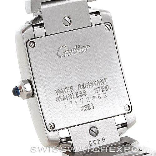 This image shows the back case of a Cartier Tank Française watch, highlighting the stainless steel material and water resistance details.