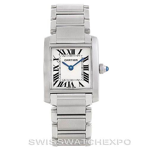 This image shows a Cartier Tank Francaise W51008Q3 Women's Stainless Steel Silver Dial W51008Q3 Women's Stainless Steel Silver Dial watch from the front, displaying its face, bracelet, and crown.
