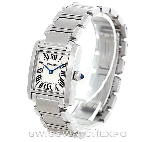 The image shows a side angle of the Cartier Tank Française watch, highlighting its square face with Roman numerals and a metal link bracelet.