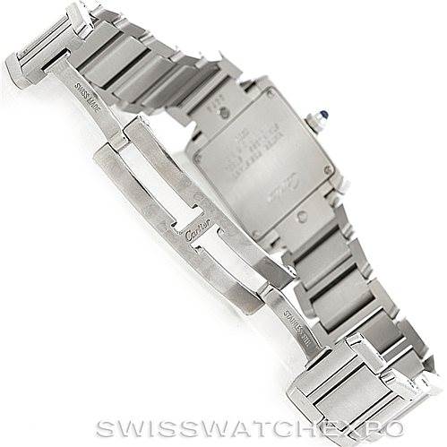 The image shows the back and bracelet clasp of the Cartier Tank Francaise W51008Q3 Women's Stainless Steel Silver Dial W51008Q3 Women's Stainless Steel Silver Dial watch, highlighting its stainless steel construction.