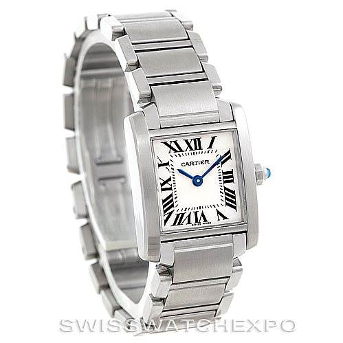 The image shows a Cartier Tank Francaise W51008Q3 Women's Stainless Steel Silver Dial W51008Q3 Women's Stainless Steel Silver Dial watch from an angled front perspective, highlighting its face and bracelet.