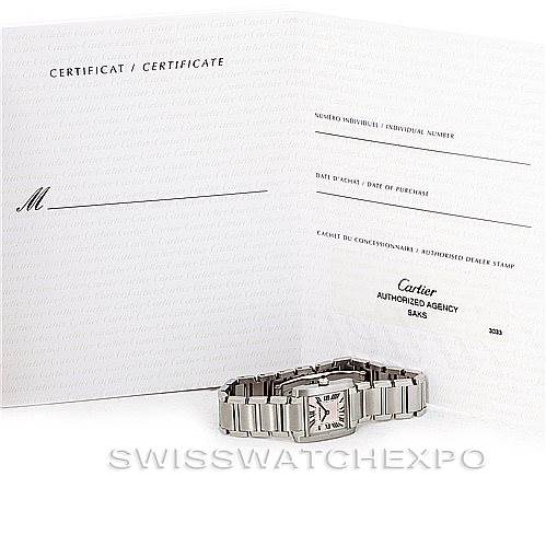 The image shows a Cartier Tank Francaise W51028Q3 Women's Stainless Steel Mother of Pearl Dial W51028Q3 Women's Stainless Steel Mother of Pearl Dial watch displayed with its certificate, viewed from the front at a slight angle.