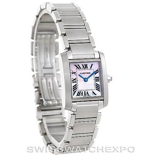 The image shows a Cartier Tank Francaise W51028Q3 Women's Stainless Steel Mother of Pearl Dial W51028Q3 Women's Stainless Steel Mother of Pearl Dial watch at a slight side angle, highlighting its rectangular face and stainless steel bracelet.