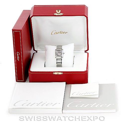 The image shows a Cartier Tank Francaise W51028Q3 Women's Stainless Steel Mother of Pearl Dial W51028Q3 Women's Stainless Steel Mother of Pearl Dial watch in its open red box, alongside its packaging and manuals.