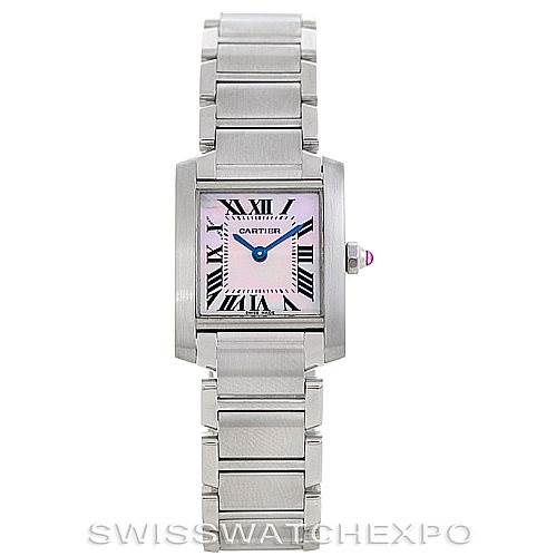 This image shows a front view of a Cartier Tank Francaise W51028Q3 Women's Stainless Steel Mother of Pearl Dial W51028Q3 Women's Stainless Steel Mother of Pearl Dial watch, displaying the dial, case, and full bracelet.