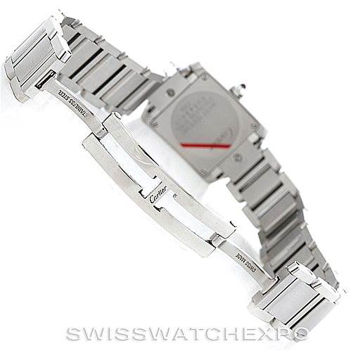 The image shows the clasp and partially opened bracelet of a Cartier Tank Française watch from the back.