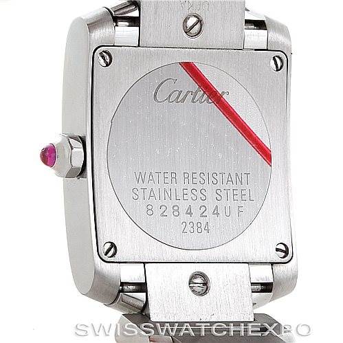 The image shows the back of a Cartier Tank Française watch, highlighting its water resistance and stainless steel details.