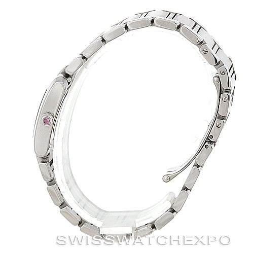 The image shows a side view of the bracelet and crown of the Cartier Tank Française watch.