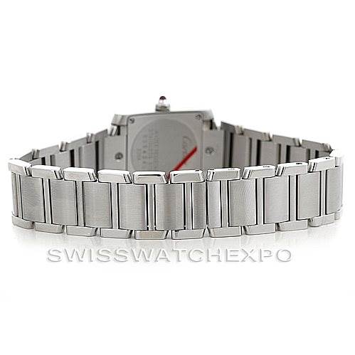 This image shows the bracelet and case back of a Cartier Tank Francaise W51028Q3 Women's Stainless Steel Mother of Pearl Dial W51028Q3 Women's Stainless Steel Mother of Pearl Dial watch from a rear angle.