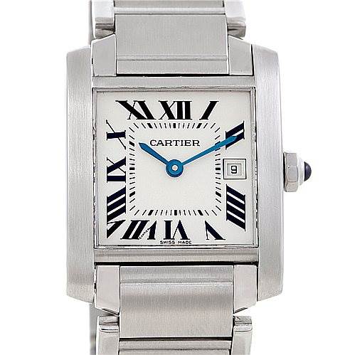The image shows a frontal view of a Cartier Tank Française watch, displaying the face, bezel, and bracelet.