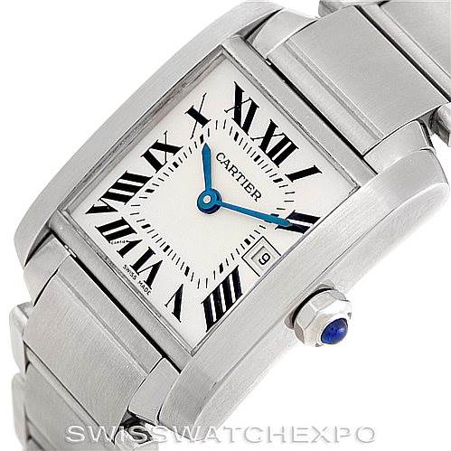 This is an angled view of the Cartier Tank Francaise W51011Q3 Women's Stainless Steel Silver Dial W51011Q3 Women's Stainless Steel Silver Dial watch, showing the face, bracelet, crown, and date window.