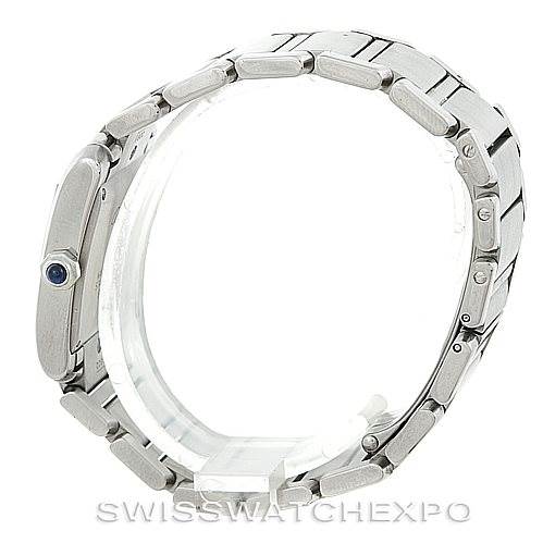 The image shows a side view of the Cartier Tank Française watch, focusing on the bracelet and side profile.