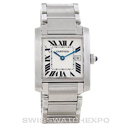 The image shows a Cartier Tank Francaise W51011Q3 Women's Stainless Steel Silver Dial W51011Q3 Women's Stainless Steel Silver Dial model watch from a front angle, highlighting its rectangular case, Roman numeral dial, and metal bracelet.