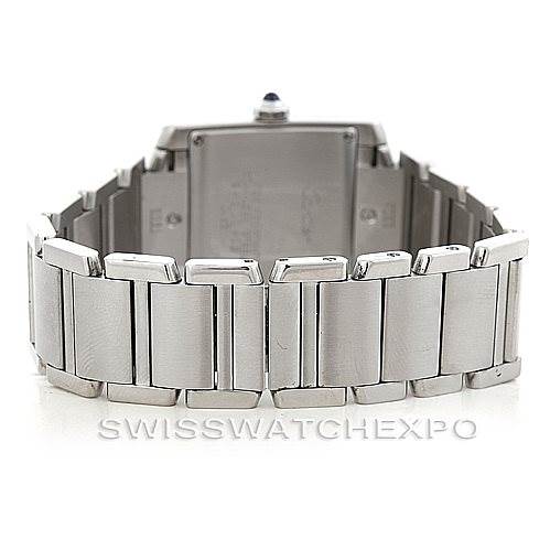 The image shows the back view of the bracelet and case of a Cartier Tank Française watch.