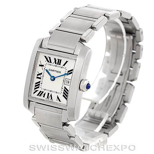 This image shows a Cartier Tank Francaise W51011Q3 Women's Stainless Steel Silver Dial W51011Q3 Women's Stainless Steel Silver Dial watch at an angled view, highlighting its face, bracelet, and crown with a blue cabochon.