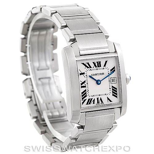 The Cartier Tank Francaise W51011Q3 Women's Stainless Steel Silver Dial W51011Q3 Women's Stainless Steel Silver Dial watch is shown at a three-quarter angle, highlighting its rectangular face, Roman numerals, and metal bracelet.