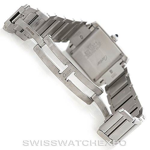 The image shows the back case and bracelet clasp of a Cartier Tank Francaise W51011Q3 Women's Stainless Steel Silver Dial W51011Q3 Women's Stainless Steel Silver Dial watch, viewed from a high angle.