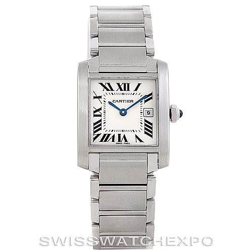 This image shows a front view of a Cartier Tank Francaise W51011Q3 Women's Stainless Steel Silver Dial W51011Q3 Women's Stainless Steel Silver Dial watch, featuring its rectangular face, Roman numerals, and metal bracelet.