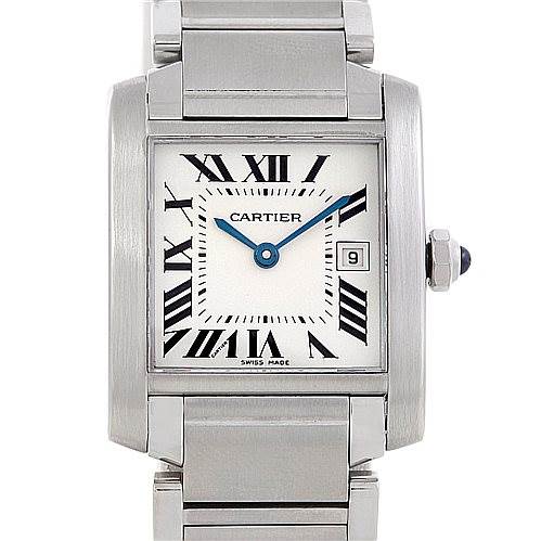The image shows a front view of a Cartier Tank Francaise W51011Q3 Women's Stainless Steel Silver Dial W51011Q3 Women's Stainless Steel Silver Dial watch, displaying its face, Roman numerals, and metal strap.