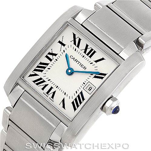 The image shows a close-up of the Cartier Tank Francaise W51011Q3 Women's Stainless Steel Silver Dial W51011Q3 Women's Stainless Steel Silver Dial watch, highlighting the dial, bezel, and part of the bracelet.