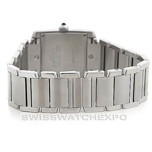 This image shows the back view of a Cartier Tank Francaise W51011Q3 Women's Stainless Steel Silver Dial W51011Q3 Women's Stainless Steel Silver Dial watch, focusing on the stainless steel bracelet and case back.