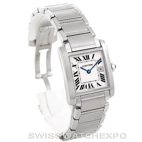 The image shows a Cartier Tank Francaise W51011Q3 Women's Stainless Steel Silver Dial W51011Q3 Women's Stainless Steel Silver Dial watch, angled to display the face, bracelet, and side crown.