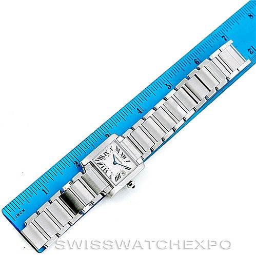 The Cartier Tank Francaise W51011Q3 Women's Stainless Steel Silver Dial W51011Q3 Women's Stainless Steel Silver Dial watch is shown from an overhead angle, alongside a blue ruler measuring its length.