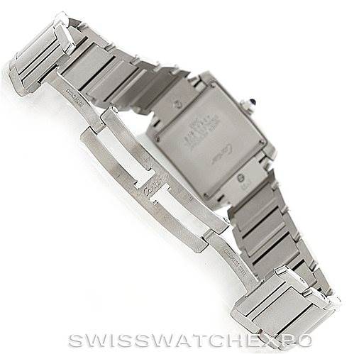 This image shows the underside of a Cartier Tank Francaise W51011Q3 Women's Stainless Steel Silver Dial W51011Q3 Women's Stainless Steel Silver Dial watch, focusing on the clasp and part of the metal bracelet.