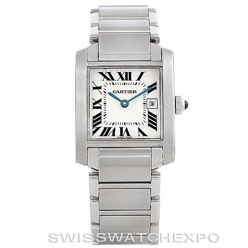 This image shows a front view of a Cartier Tank Française watch, displaying its face, bracelet, and the crown.