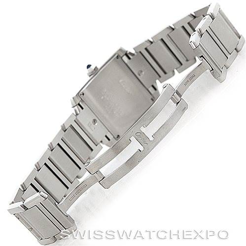 The image shows the back side and clasp of the Cartier Tank Francaise W51011Q3 Women's Stainless Steel Silver Dial W51011Q3 Women's Stainless Steel Silver Dial watch, highlighting the bracelet and clasp mechanism.