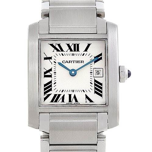 The Cartier Tank Francaise W51011Q3 Women's Stainless Steel Silver Dial W51011Q3 Women's Stainless Steel Silver Dial watch is shown in a front-facing angle, displaying its square dial, Roman numeral markers, and metal bracelet.