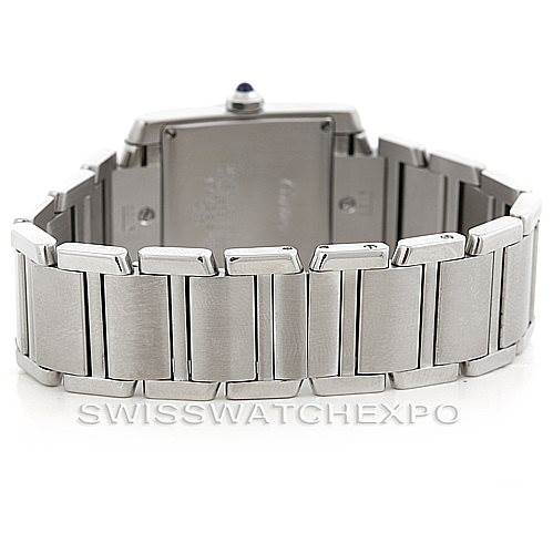 This image shows the back view of a Cartier Tank Française watch, highlighting its stainless steel bracelet.